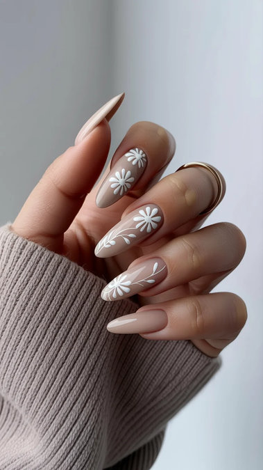 55 Long almond white daisy green leaves nails nude_bp