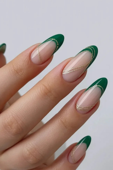 6 Green French gold line detail almond nails_bp