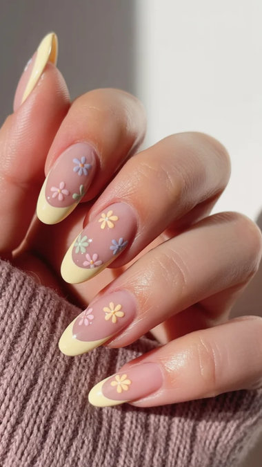 6 Long almond pastel yellow French tips multicolor daisy_bp