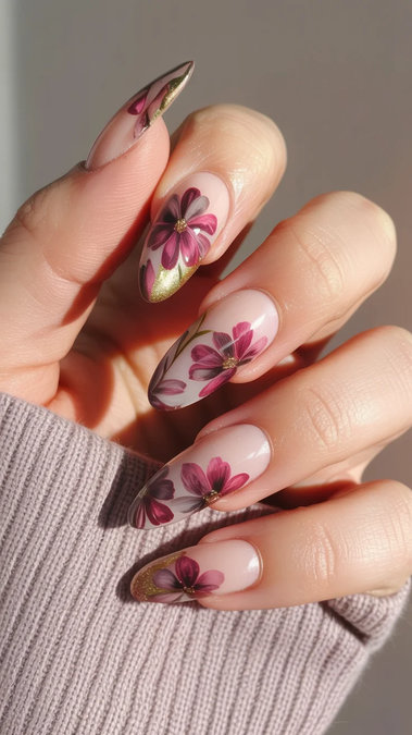 6 Long stiletto nude nails purple pink florals gold tips_bp