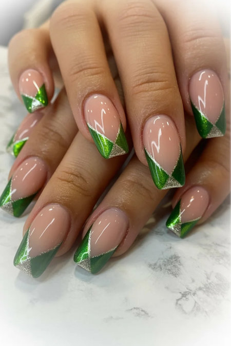 7 Green metallic diagonal French nude almond nails_bp