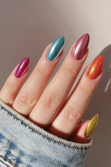 7 Long almond nails bright metallic multicolor teal pink orange yellow_bp