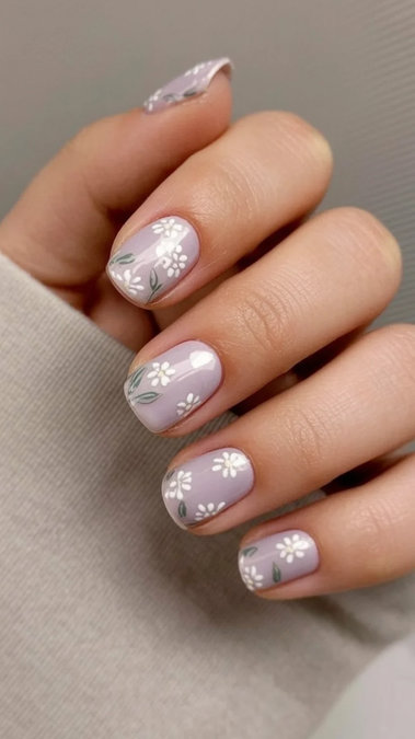 7 Short square lavender nails white daisies green leaves_bp