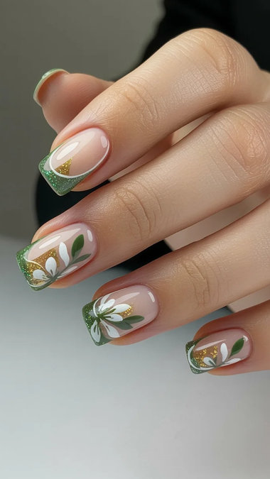 7 Short square nude green glitter tips botanical white flowers_bp