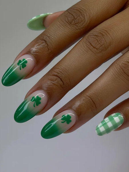 8 Green ombre shamrock gingham almond nails_bp