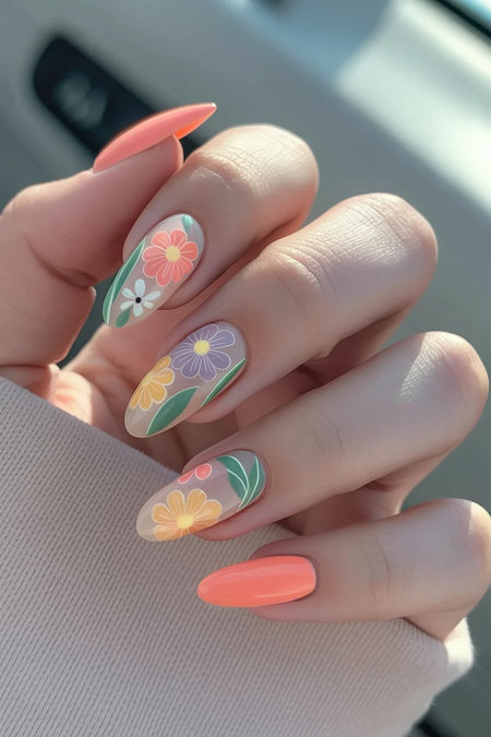 8 Long almond nude nails colorful floral designs coral yellow purple_bp