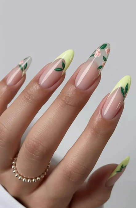8 Long stiletto nude green yellow tips pink flowers leaves_bp