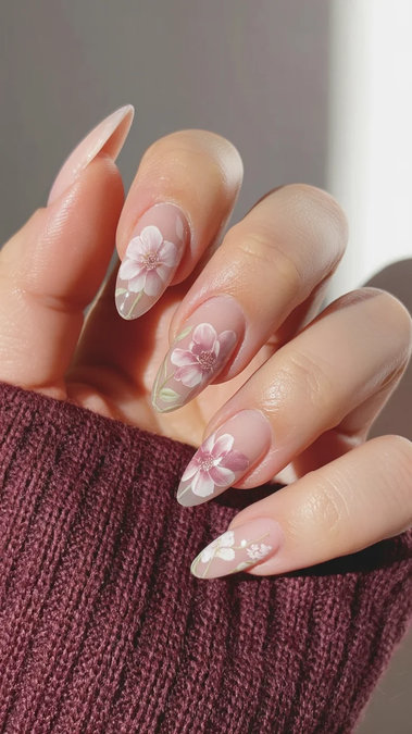 8 Long stiletto nude pink nails delicate pink white flowers_bp