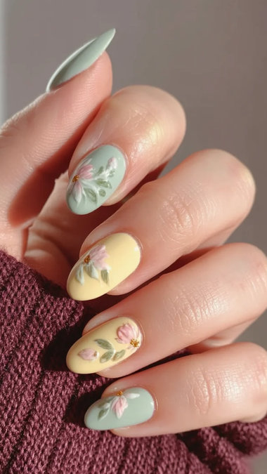 9 Almond mint yellow floral art gold accents_bp