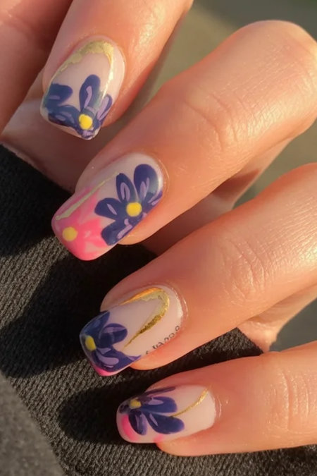 9 Long almond blue pink abstract floral nails gold_bp