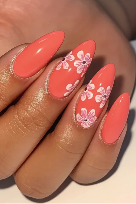 9 Long almond coral nails white pink floral designs_bp