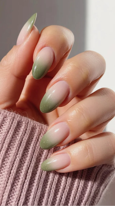9 Long almond nude sage green ombre shimmer tips_bp
