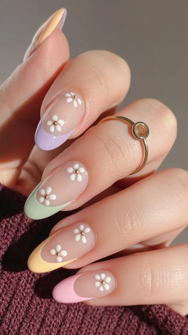 9 Long almond pastel French tips 3D pearl daisy_bp
