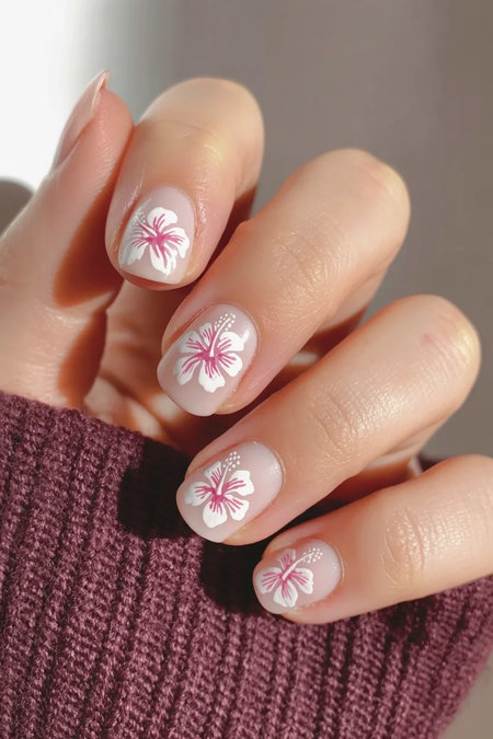 9 Squoval nude nails with pink hibiscus_bp