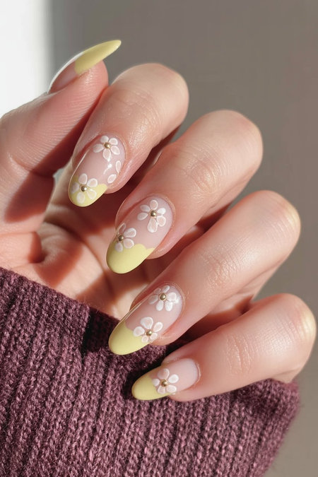 1 Almond nude yellow french tips rhinestone daisies_pin