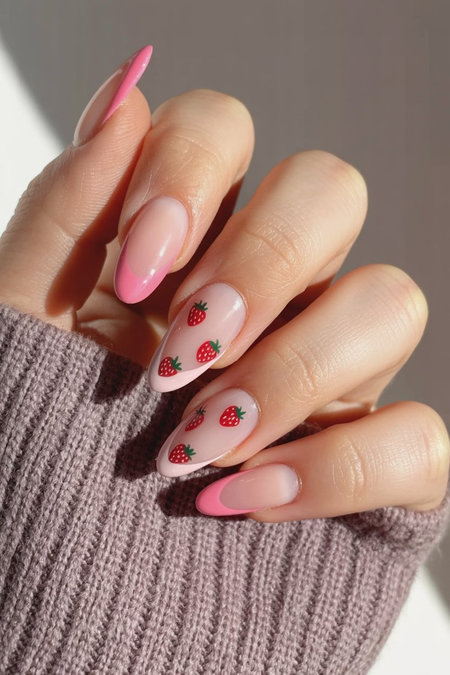 1 Almond pink French tips strawberry cute designs_pin
