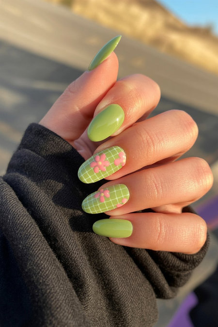 1 Almond shaped lime green with checkered pattern and pixel flowers_pin