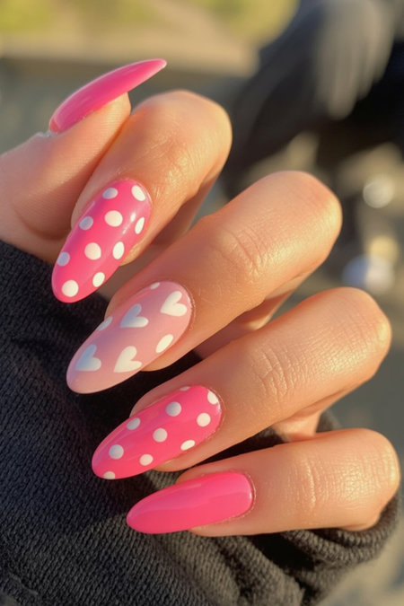 10 Almond shaped pink polka dots hearts playful cute nails_pin