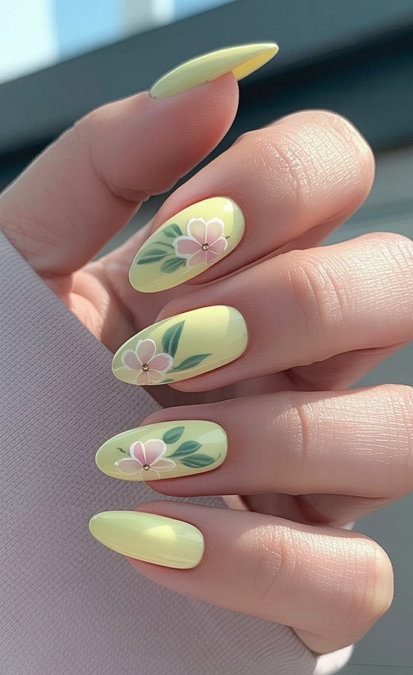 10 Almond yellow nails painted flower green leaves_pin