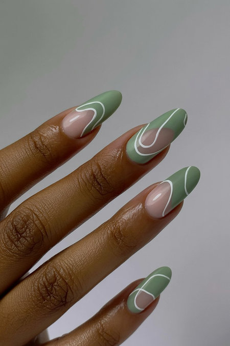 11 Coffin shaped sage green french tips with white swirl line art_pin