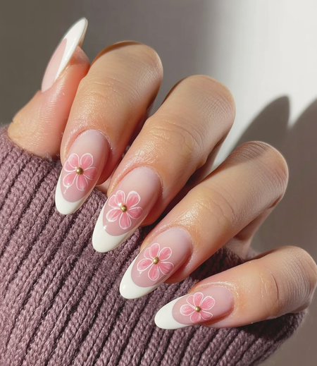 12 Almond shaped pink white French tips floral daisies gold accents_pin