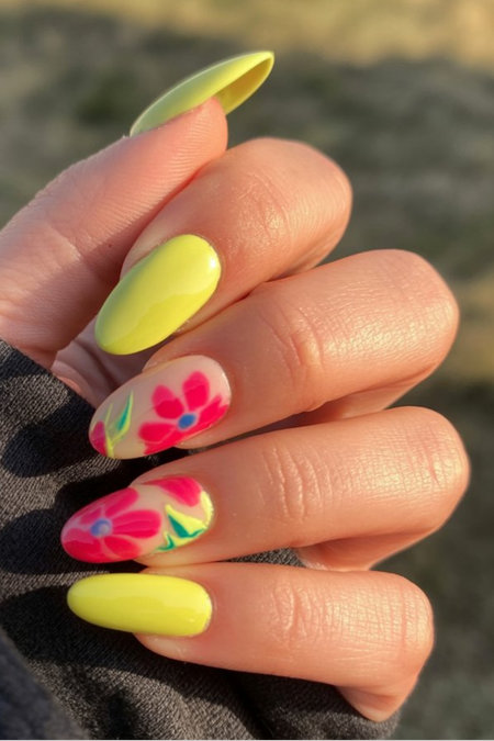 12 Almond yellow nails pink floral accent_pin