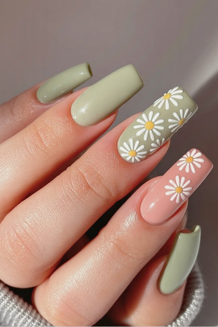 12 Coffin shaped sage green pink with white daisy flowers yellow centers_pin