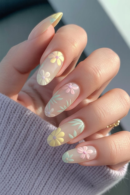 12 Long almond nude pastel daisy floral Easter nails_pin
