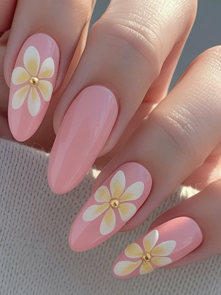 13 Almond shaped pink white yellow floral gold center accents_pin