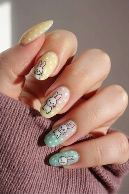 13 Long almond pastel Easter bunny polka dot gradient nails_pin