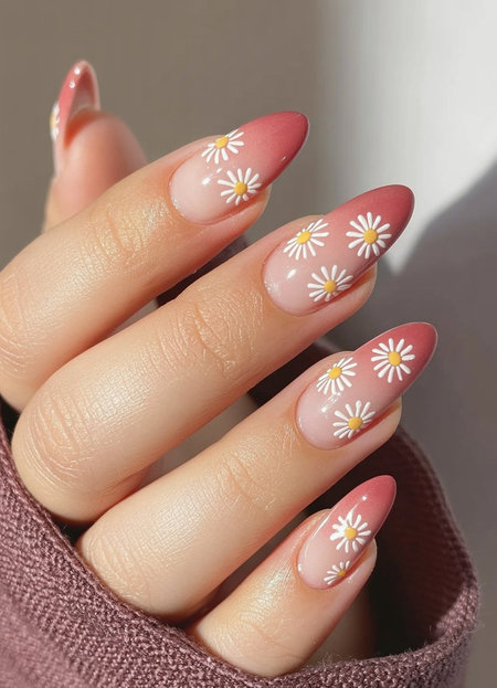14 Almond pink ombre white daisy nails_ECH