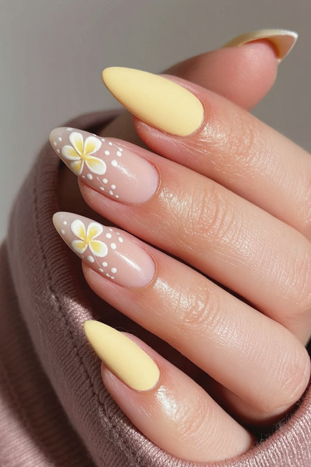14 Almond yellow nails white floral accent_pin