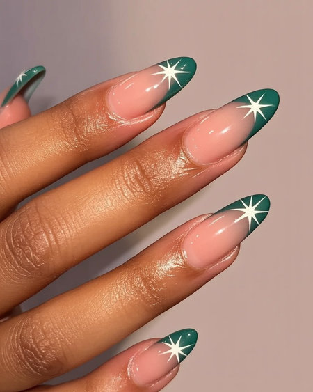 14 long Almond shaped forest green french tips with white star accents_pin