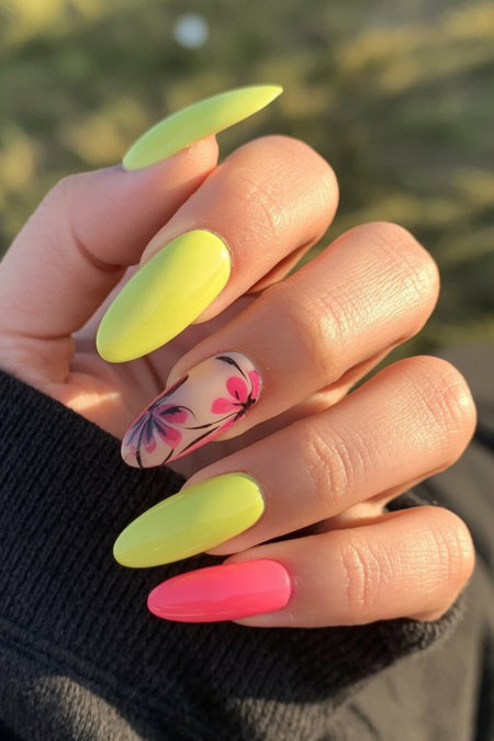 15 Almond yellow pink nails floral accent_pin