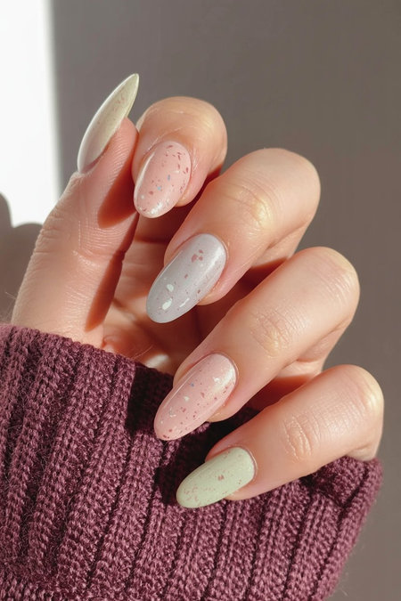15 Long almond pink green pastel speckled nails_pin