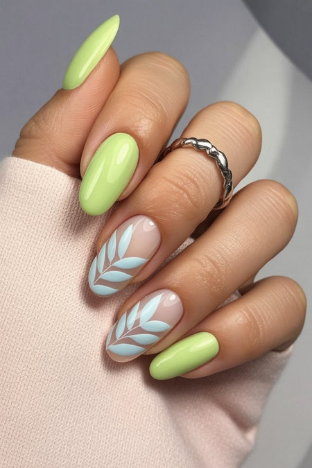 15 Long almond shaped lime green nude with blue botanical leaf art_pin