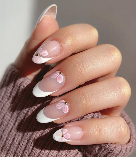 16 Almond shaped white French tips pink floral petal designs gold accents_pin