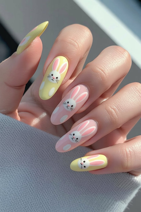 16 Long almond pink yellow Easter bunny character nails_pin