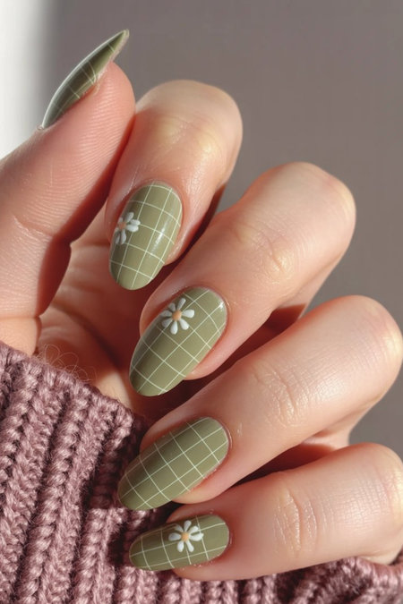 16 Long almond shaped olive green with white grid pattern and daisies_pin