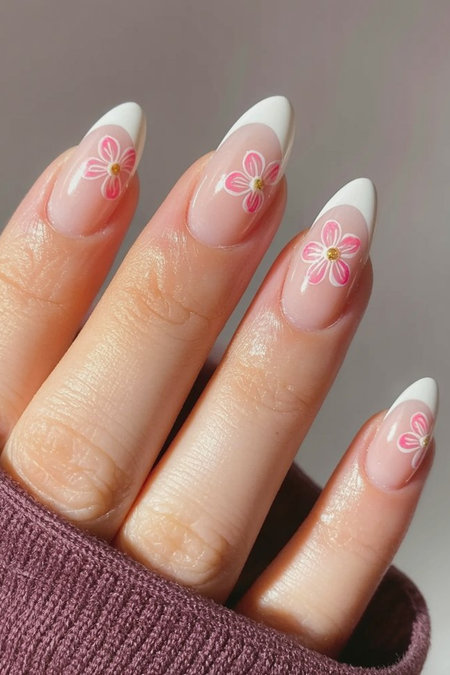 17 Almond shaped white French tips pink outlined floral designs_pin