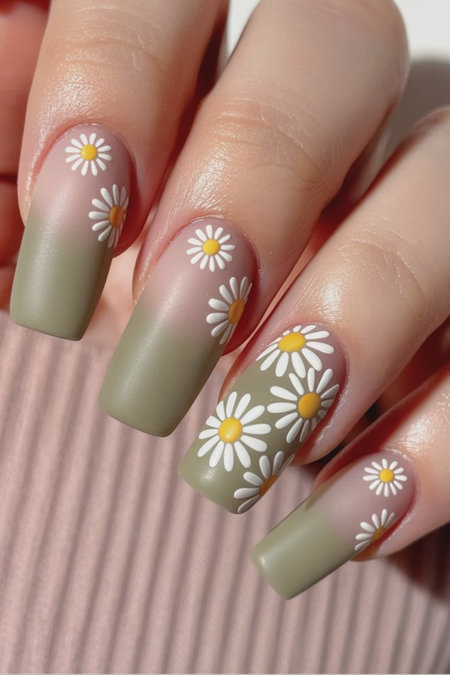 17 Coffin nude green ombre daisy nails_ECH