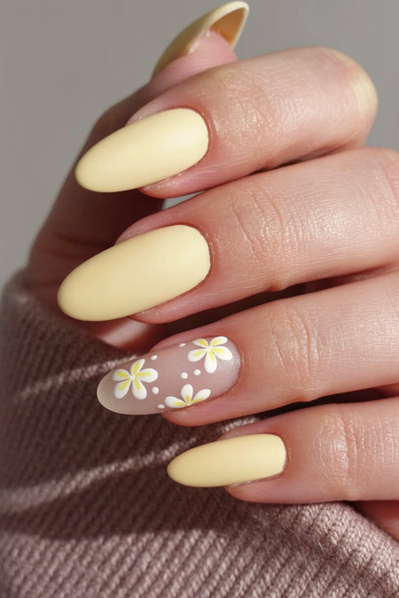 17 Long almond yellow nails white daisy accent_pin