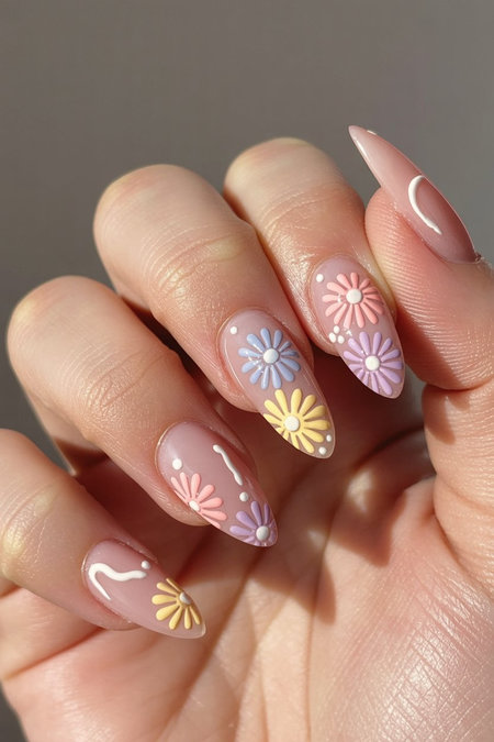 17 Long stiletto nude pastel daisy Easter nails_pin