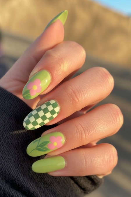 18 Oval almond shaped lime green with pink flowers checkered pattern_pin