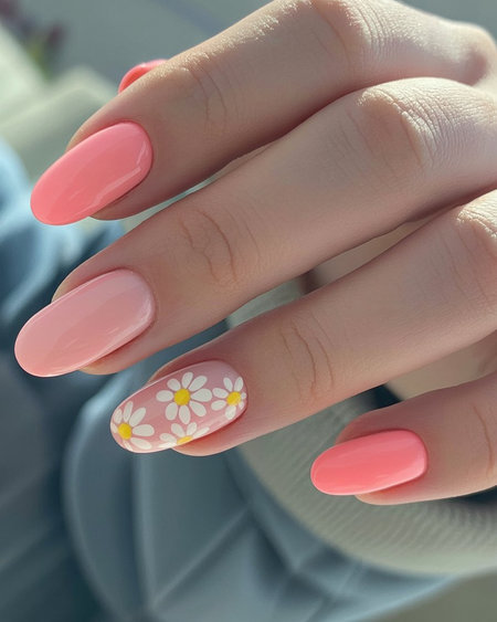 18 Oval pink ombre daisy accent nails_ECH