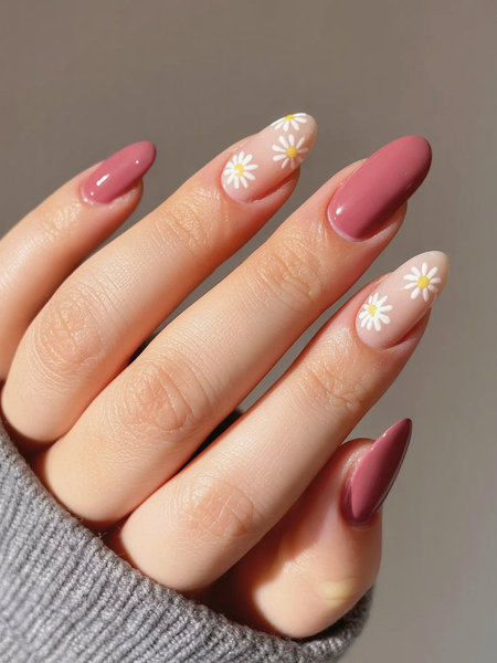 18 dusty pink white daisy floral accent nails_pin