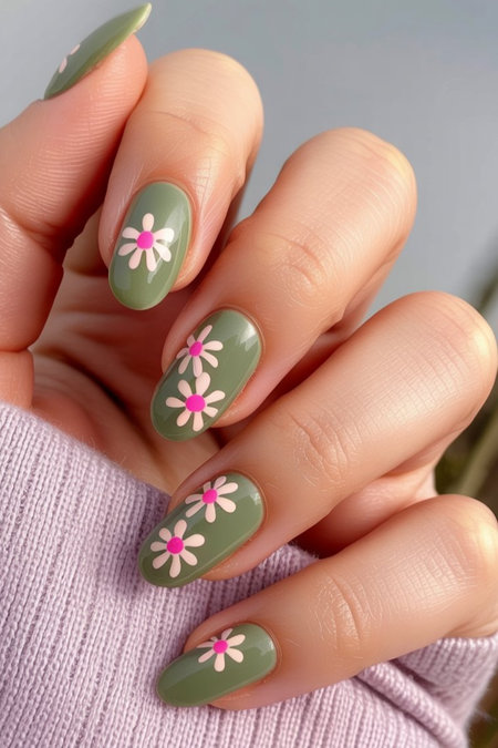 19 Oval almond shaped olive green with white daisy flowers pink centers_pin