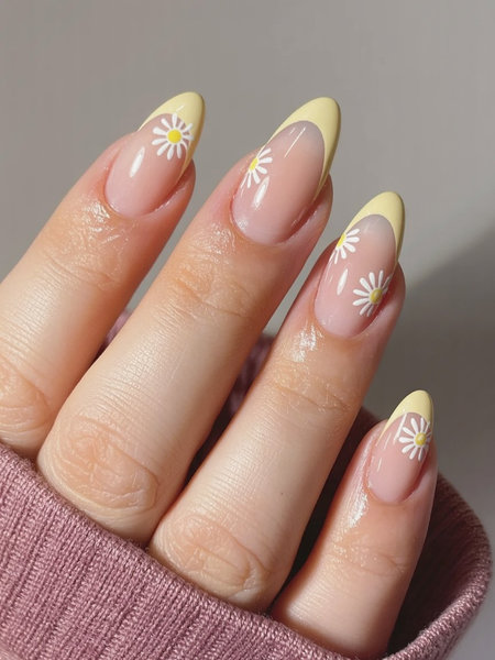 2 Almond nude yellow french tips small daisies_pin