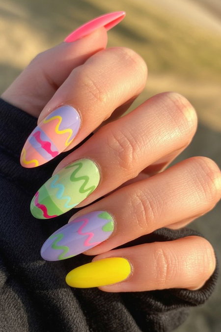 2 Long almond bright Easter zigzag geometric nails pink yellow_pin