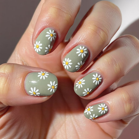 20 Short oval sage green white daisy nails_ECH